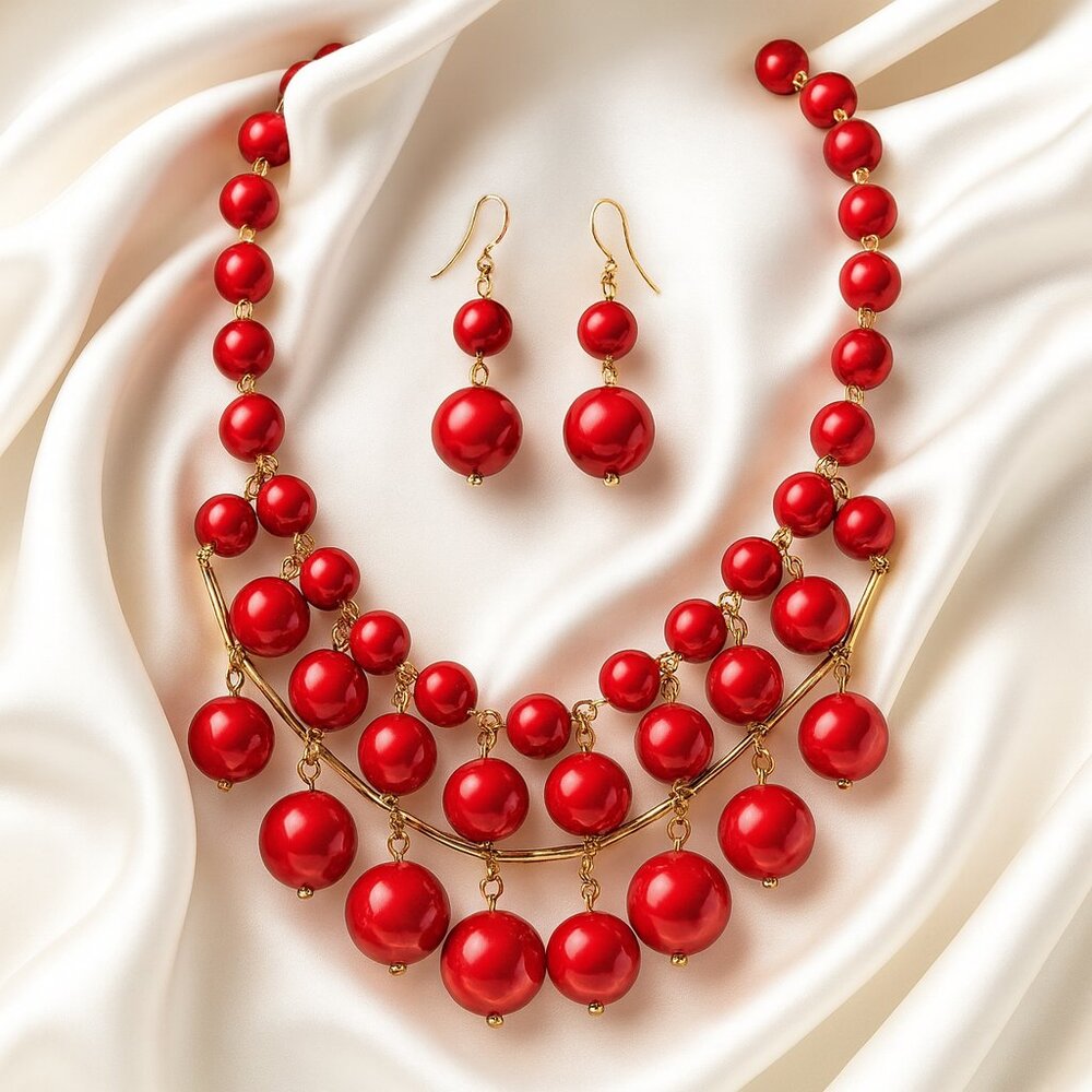 Red Beaded Layered Necklace w/ Gold Links & Matching Dangle Earrings – Jewelry